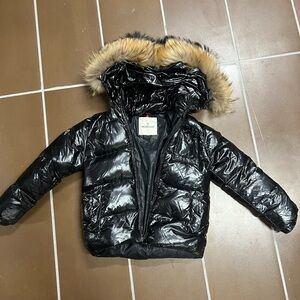 Kids Moncler Shiny Black Jacket with Fur Trim